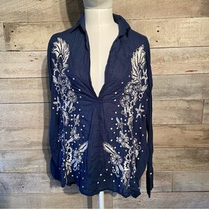 Zara women's navy blue coloured boho blouse in  size x-small